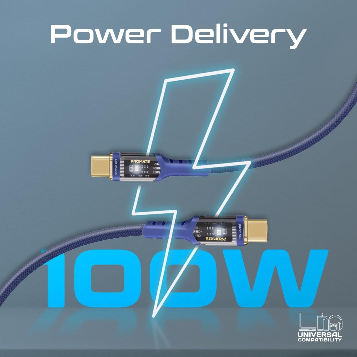 Promate USB - C to USB - C Cable, Fast - Charging 100W Power Delivery Type - C Cable with Transparent Tips, LED, 25000+ Long Bend Lifespan, 480Mbps Data Sync and 120cm Nylon Braided Cord,LucidLine - CC120 Navy - Al Kabayel Discount CentrePromate USB - C to USB - C Cable, Fast - Charging 100W Power Delivery Type - C Cable with Transparent Tips, LED, 25000+ Long Bend Lifespan, 480Mbps Data Sync and 120cm Nylon Braided Cord,LucidLine - CC120 NavyCords & AdaptersPROMATEAl Kabayel Discount Centre