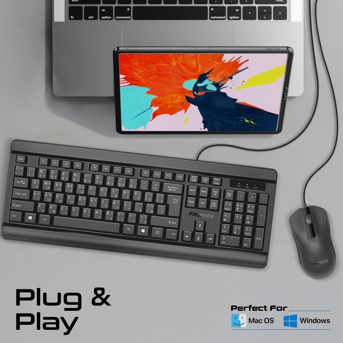 Promate Wired Keyboard and Mouse Combo, Ergonomic Slim Full - Size Quiet Keyboard, 2400 DPI Ambidextrous Mouse, Spill - Resistance, Media Keys, Plug and Play for iMac, MacBook Pro, English/Arabic Layout - Al Kabayel Discount CentrePromate Wired Keyboard and Mouse Combo, Ergonomic Slim Full - Size Quiet Keyboard, 2400 DPI Ambidextrous Mouse, Spill - Resistance, Media Keys, Plug and Play for iMac, MacBook Pro, English/Arabic LayoutElectronic AppliancesPROMATEAl Kabayel Discount Centre
