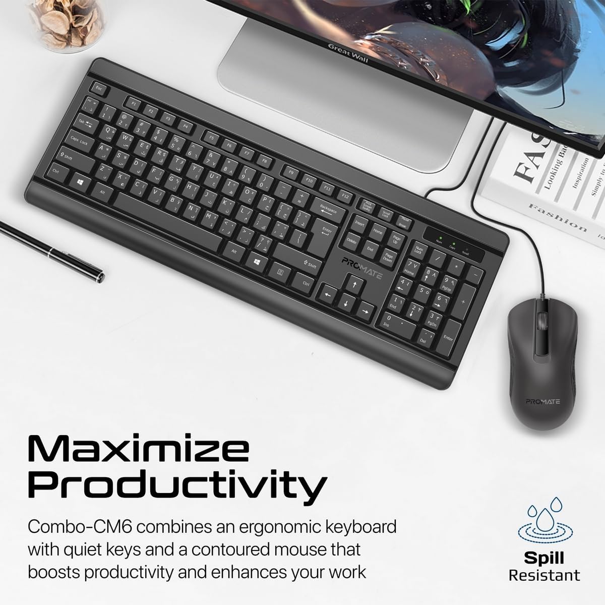 Promate Wired Keyboard and Mouse Combo, Ergonomic Slim Full - Size Quiet Keyboard, 2400 DPI Ambidextrous Mouse, Spill - Resistance, Media Keys, Plug and Play for iMac, MacBook Pro, English/Arabic Layout - Al Kabayel Discount CentrePromate Wired Keyboard and Mouse Combo, Ergonomic Slim Full - Size Quiet Keyboard, 2400 DPI Ambidextrous Mouse, Spill - Resistance, Media Keys, Plug and Play for iMac, MacBook Pro, English/Arabic LayoutElectronic AppliancesPROMATEAl Kabayel Discount Centre