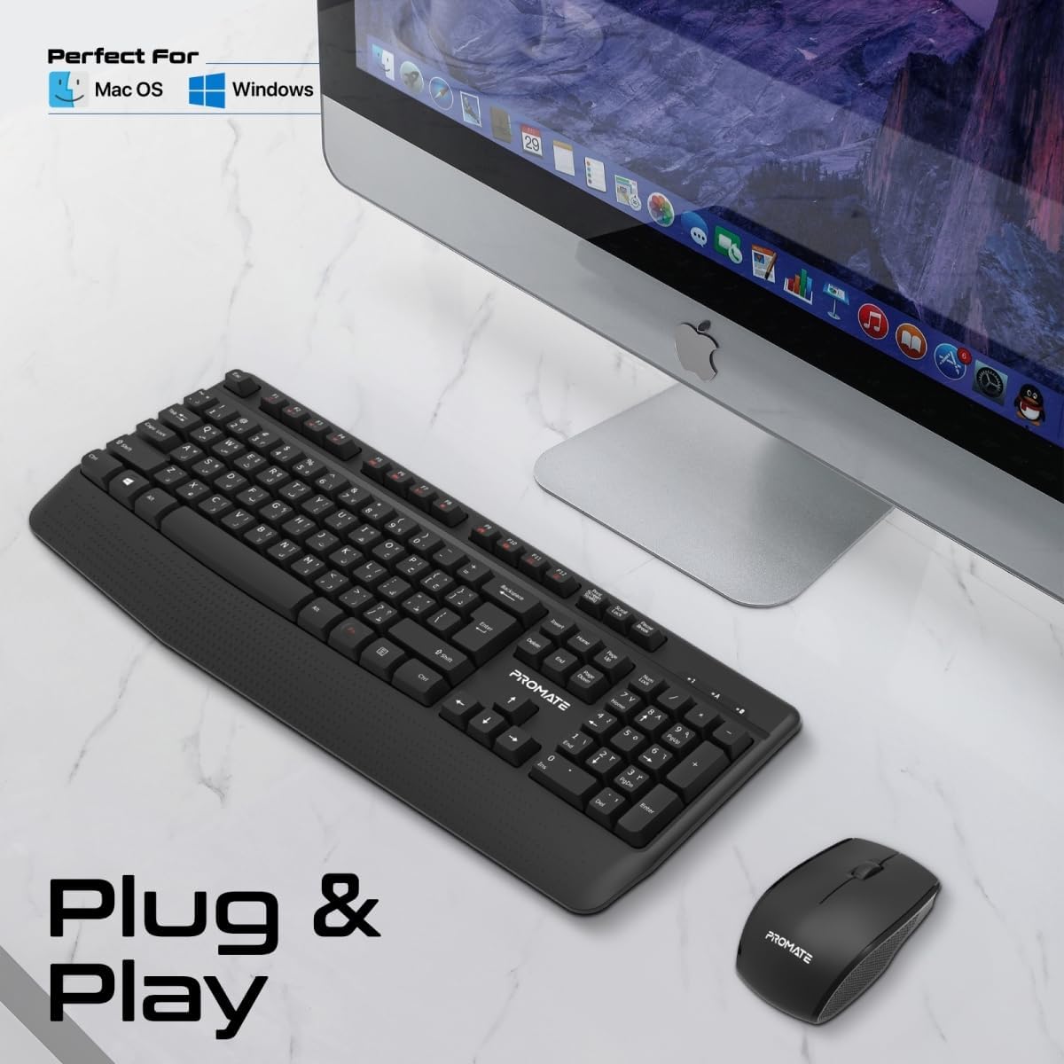 Promate Wireless Keyboard and Mouse Combo, Ergonomic Angled 2.4Ghz with 1200 DPI, Ambidextrous Mouse, Wrist Rest, Nano USB Receiver, Media Keys, for iMac, MacBook Air, ASUS, English/Arabic - Al Kabayel Discount CentrePromate Wireless Keyboard and Mouse Combo, Ergonomic Angled 2.4Ghz with 1200 DPI, Ambidextrous Mouse, Wrist Rest, Nano USB Receiver, Media Keys, for iMac, MacBook Air, ASUS, English/ArabicElectronic AppliancesPROMATEAl Kabayel Discount Centre