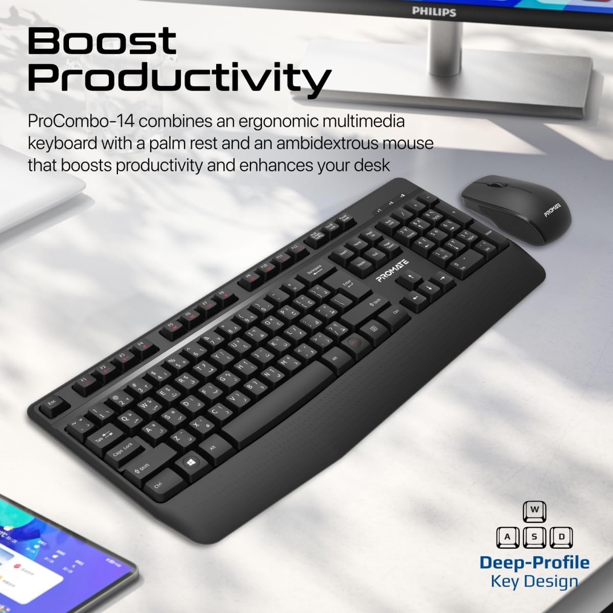 Promate Wireless Keyboard and Mouse Combo, Ergonomic Angled 2.4Ghz with 1200 DPI, Ambidextrous Mouse, Wrist Rest, Nano USB Receiver, Media Keys, for iMac, MacBook Air, ASUS, English/Arabic - Al Kabayel Discount CentrePromate Wireless Keyboard and Mouse Combo, Ergonomic Angled 2.4Ghz with 1200 DPI, Ambidextrous Mouse, Wrist Rest, Nano USB Receiver, Media Keys, for iMac, MacBook Air, ASUS, English/ArabicElectronic AppliancesPROMATEAl Kabayel Discount Centre