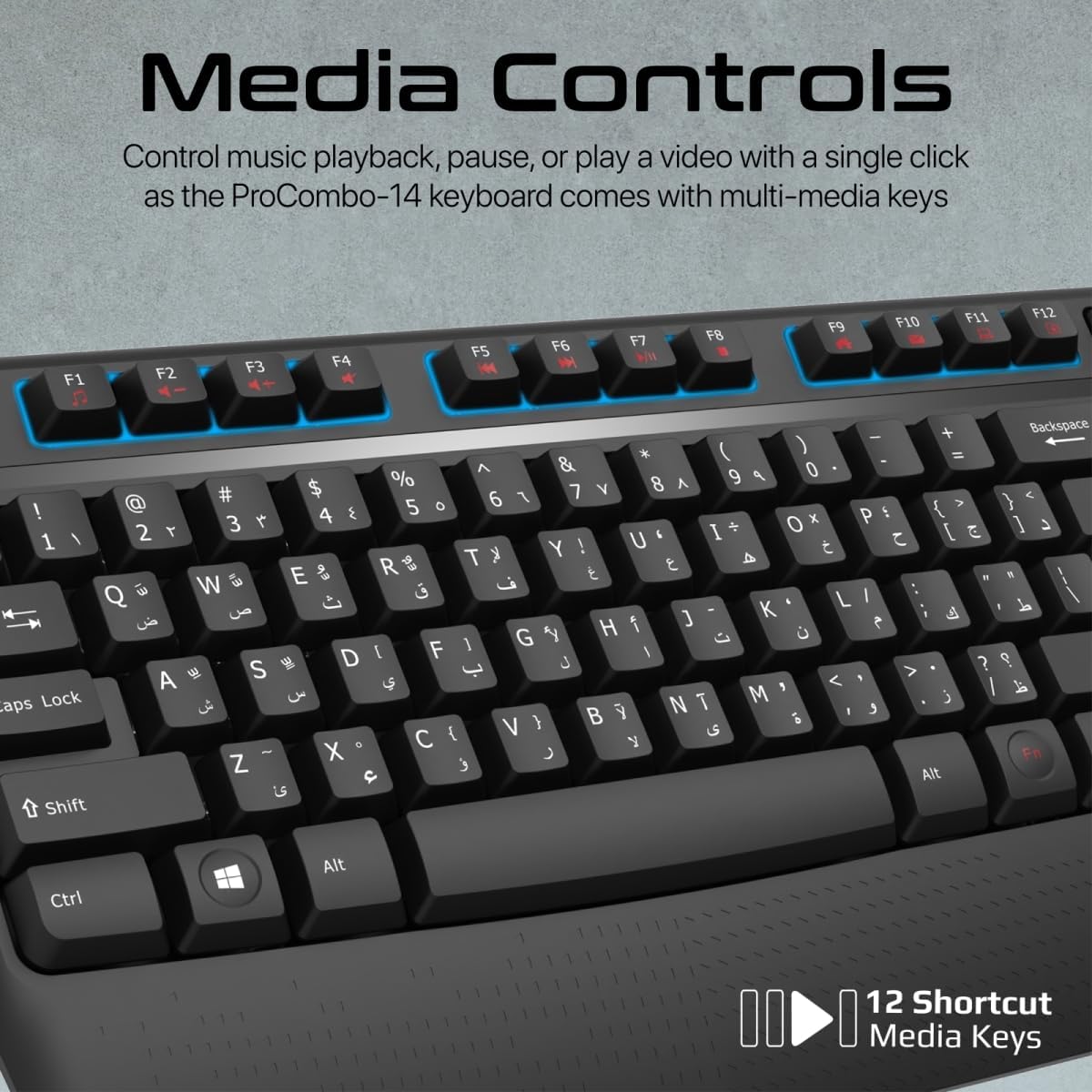 Promate Wireless Keyboard and Mouse Combo, Ergonomic Angled 2.4Ghz with 1200 DPI, Ambidextrous Mouse, Wrist Rest, Nano USB Receiver, Media Keys, for iMac, MacBook Air, ASUS, English/Arabic - Al Kabayel Discount CentrePromate Wireless Keyboard and Mouse Combo, Ergonomic Angled 2.4Ghz with 1200 DPI, Ambidextrous Mouse, Wrist Rest, Nano USB Receiver, Media Keys, for iMac, MacBook Air, ASUS, English/ArabicElectronic AppliancesPROMATEAl Kabayel Discount Centre