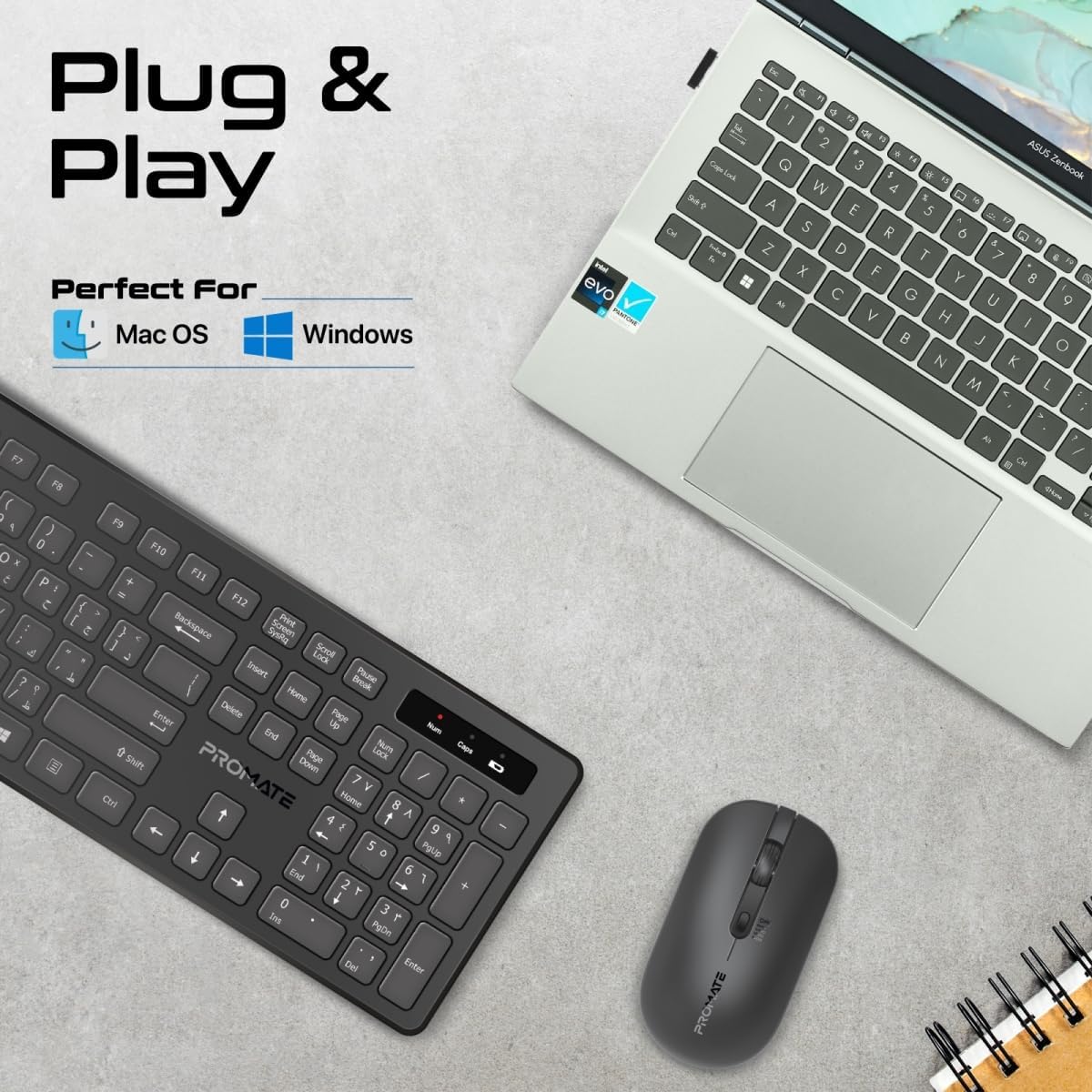Promate Wireless Keyboard and Mouse Combo, Slim Full - Size2.4Ghz Wireless Keyboard, 1600 DPI Ambidextrous Mouse, Nano USB Receiver, Quiet Keys, Angled Kickstand for iMac, MacBook, ASUS, English/Arabic - Al Kabayel Discount CentrePromate Wireless Keyboard and Mouse Combo, Slim Full - Size2.4Ghz Wireless Keyboard, 1600 DPI Ambidextrous Mouse, Nano USB Receiver, Quiet Keys, Angled Kickstand for iMac, MacBook, ASUS, English/ArabicElectronic AppliancesPROMATEAl Kabayel Discount Centre