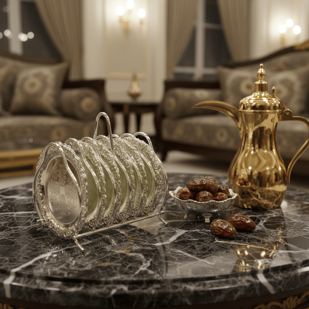 Queen Anne Silver Metal 6 - Piece Coaster Set with Stand for Table Protection & Elegant Dining – 9cm - Al Kabayel Discount CentreQueen Anne Silver Metal 6 - Piece Coaster Set with Stand for Table Protection & Elegant Dining – 9cmKitchen Utensils & GadgetsQUEEN ANNEAl Kabayel Discount Centre