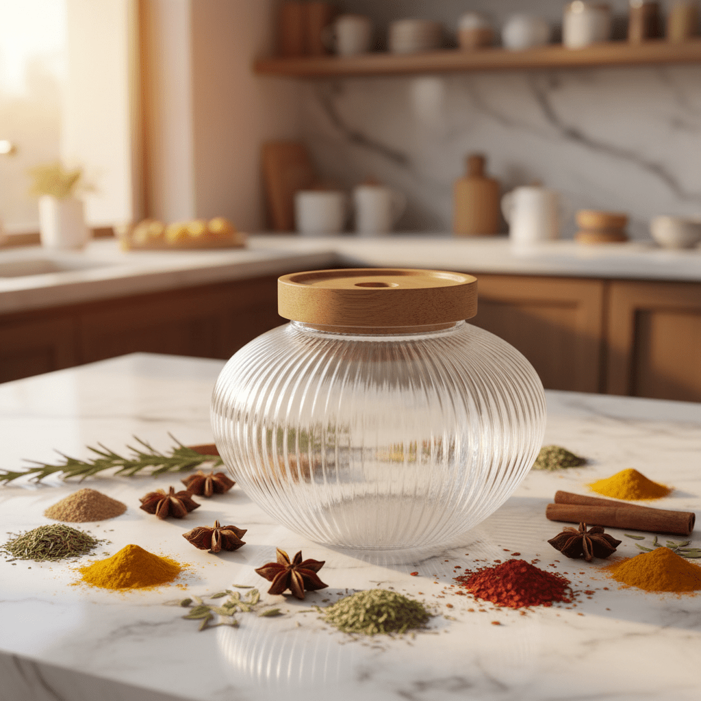 Ribbed Glass Jar with Wooden Lid - 10×7cm - Al Kabayel Discount CentreRibbed Glass Jar with Wooden Lid - 10×7cmJars & Food SaversAKDCAl Kabayel Discount Centre