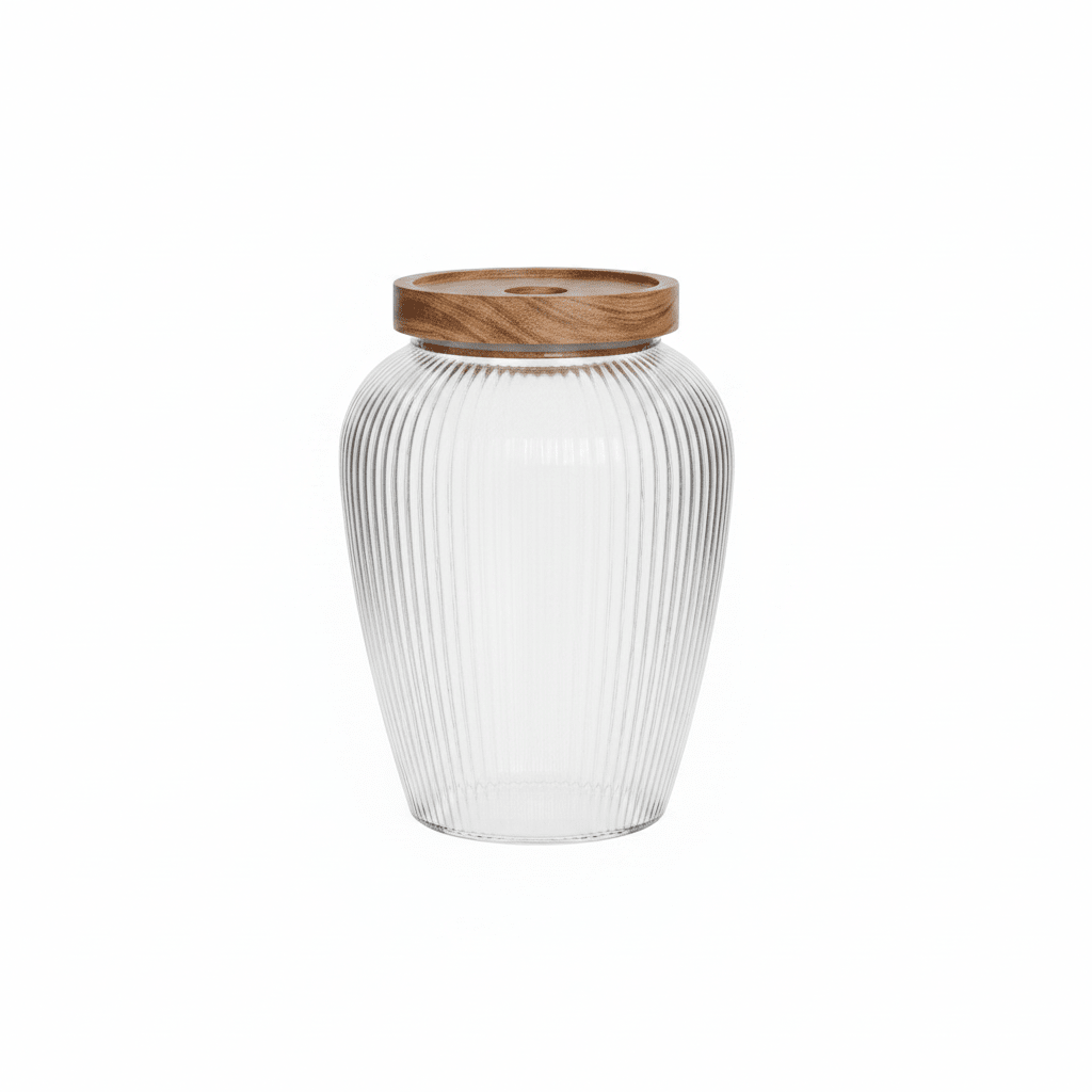 Ribbed Glass Jar with Wooden Lid – 16x7 cm - Al Kabayel Discount CentreRibbed Glass Jar with Wooden Lid – 16x7 cmJars & Food SaversAKDCAl Kabayel Discount Centre