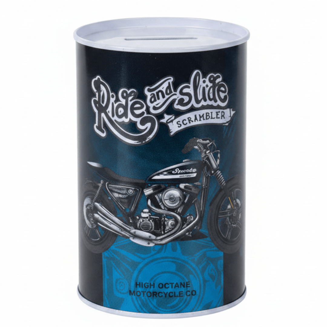Ride and Slide Scrambler Metal Coin Saving Bank Tin Box | Motorcycle Graphic Piggy Bank for Kids & Adults | Cylindrical Money Box with Slot Lid | 13×8cm | Dark Navy Blue - Al Kabayel Discount CentreRide and Slide Scrambler Metal Coin Saving Bank Tin Box | Motorcycle Graphic Piggy Bank for Kids & Adults | Cylindrical Money Box with Slot Lid | 13×8cm | Dark Navy BlueOrganizers & AccessoriesAKDCAl Kabayel Discount Centre
