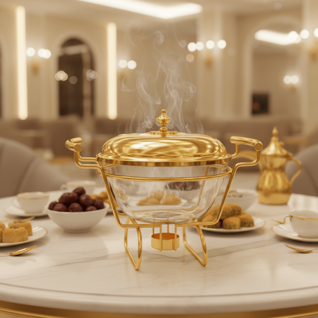 Round Glass Food Warmer with Polished Gold Stand and Heat - Resistant Lid – Elegant Buffet Server (21×16 cm) - Al Kabayel Discount CentreRound Glass Food Warmer with Polished Gold Stand and Heat - Resistant Lid – Elegant Buffet Server (21×16 cm)WarmersAKDCAl Kabayel Discount Centre