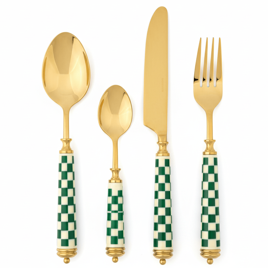 Royal Victoria Gold Cutlery Set with Green & White Handles (24 Pieces) for Modern Table Setting - Al Kabayel Discount CentreRoyal Victoria Gold Cutlery Set with Green & White Handles (24 Pieces) for Modern Table SettingSpatulas And SpoonsROYAL VICTORIAAl Kabayel Discount Centre