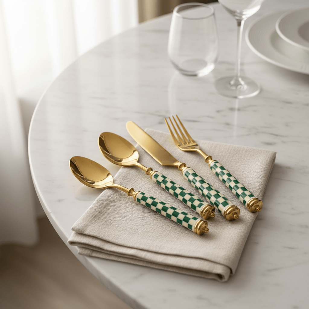 Royal Victoria Gold Cutlery Set with Green & White Handles (24 Pieces) for Modern Table Setting - Al Kabayel Discount CentreRoyal Victoria Gold Cutlery Set with Green & White Handles (24 Pieces) for Modern Table SettingSpatulas And SpoonsROYAL VICTORIAAl Kabayel Discount Centre