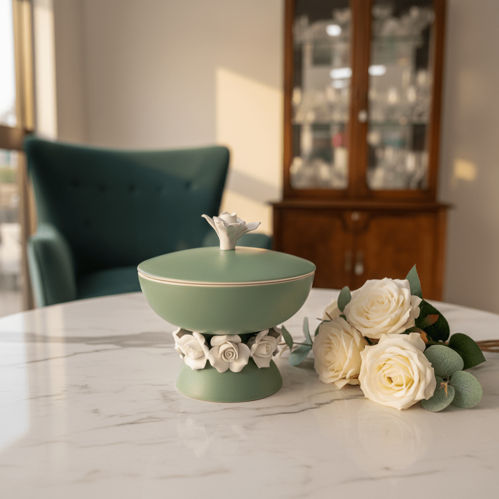 Royal Victoria Green Footed Ceramic Candy Pot with White Flower Design Decorative Jar 10*14cm - Al Kabayel Discount CentreRoyal Victoria Green Footed Ceramic Candy Pot with White Flower Design Decorative Jar 10*14cmJars & Food SaversROYAL VICTORIAAl Kabayel Discount Centre