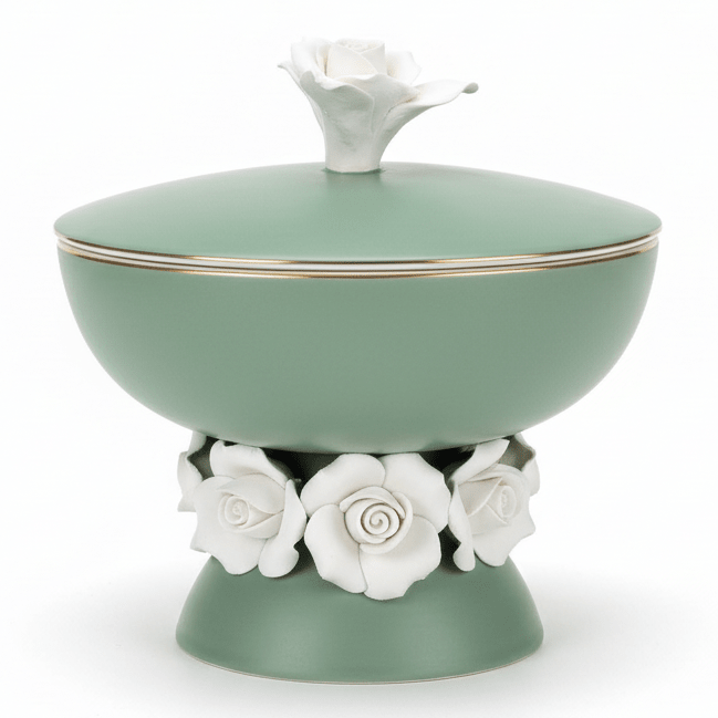 Royal Victoria Green Footed Ceramic Candy Pot with White Flower Design Decorative Jar 10*14cm - Al Kabayel Discount CentreRoyal Victoria Green Footed Ceramic Candy Pot with White Flower Design Decorative Jar 10*14cmJars & Food SaversROYAL VICTORIAAl Kabayel Discount Centre