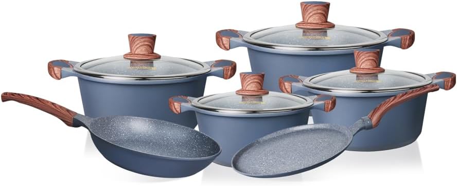 Royalford 10 - Piece Die - Cast Aluminium Cookware Set RF12951 – Granite Coating, Induction Base, Glass Lids & Wood - Style Handles Assorted Color - Al Kabayel Discount CentreRoyalford 10 - Piece Die - Cast Aluminium Cookware Set RF12951 – Granite Coating, Induction Base, Glass Lids & Wood - Style Handles Assorted ColorCookware SetROYALFORDAl Kabayel Discount Centre