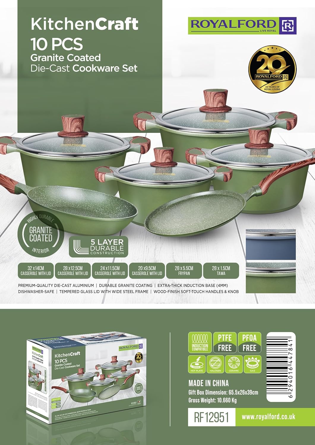Royalford 10 - Piece Die - Cast Aluminium Cookware Set RF12951 – Granite Coating, Induction Base, Glass Lids & Wood - Style Handles Assorted Color - Al Kabayel Discount CentreRoyalford 10 - Piece Die - Cast Aluminium Cookware Set RF12951 – Granite Coating, Induction Base, Glass Lids & Wood - Style Handles Assorted ColorCookware SetROYALFORDAl Kabayel Discount Centre