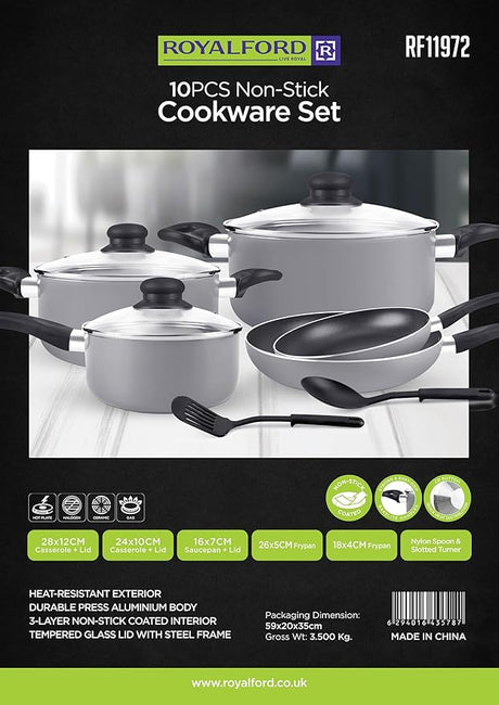 Royalford 10pcs Non - Stick Cookware Set, Aluminum Body with 3 Layer Coating CD Base, Bakelite Handles and Tempered Glass Lid, RF11972 - Al Kabayel Discount CentreRoyalford 10pcs Non - Stick Cookware Set, Aluminum Body with 3 Layer Coating CD Base, Bakelite Handles and Tempered Glass Lid, RF11972Cookware SetROYALFORDAl Kabayel Discount Centre