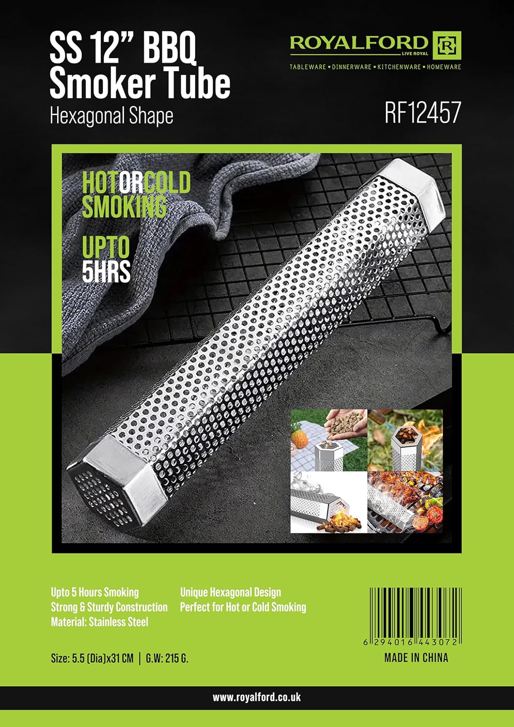 Royalford BBQ Pellet Smoker Tube 12″ RF123457 – Stainless Steel Hexagonal Tube for 5 Hours Hot or Cold Smoking