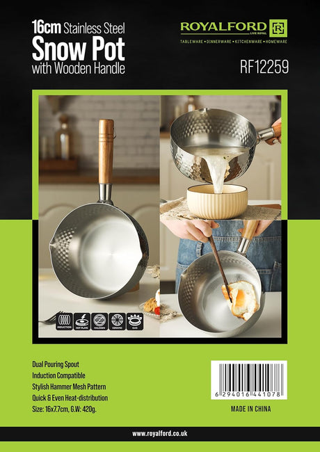 Royalford 16cm Stainless Steel Snow Pot - RF12259 Stylish Design with Hammered Mesh Pattern and Wooden Handle - Al Kabayel Discount CentreRoyalford 16cm Stainless Steel Snow Pot - RF12259 Stylish Design with Hammered Mesh Pattern and Wooden HandleFrying Pans & SkilletsROYALFORDAl Kabayel Discount Centre
