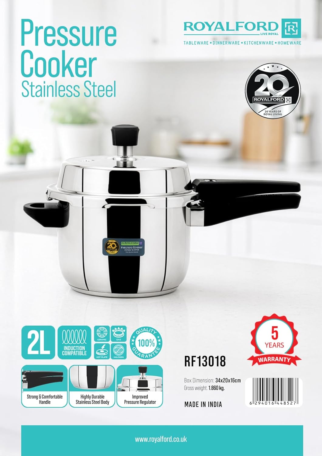 Royalford 2L Stainless Steel Pressure Cooker – RF13018 Induction Compatible - Al Kabayel Discount CentreRoyalford 2L Stainless Steel Pressure Cooker – RF13018 Induction CompatiblePressure CookersROYALFORDAl Kabayel Discount Centre