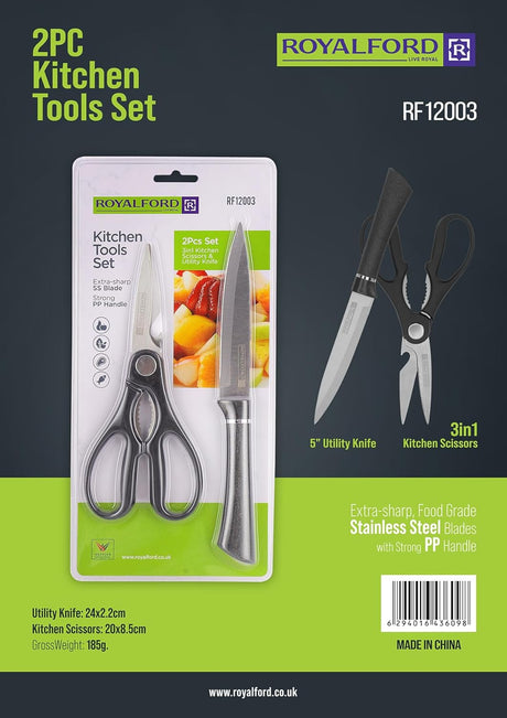 Royalford 2pcs Kitchen Tool Set, 3 - in - 1 Kitchen Scissors & 5" Utility Knife, Extra Sharp SS Blade with Strong PP Handle - Al Kabayel Discount CentreRoyalford 2pcs Kitchen Tool Set, 3 - in - 1 Kitchen Scissors & 5" Utility Knife, Extra Sharp SS Blade with Strong PP HandleCookware AccessoriesROYALFORDAl Kabayel Discount Centre