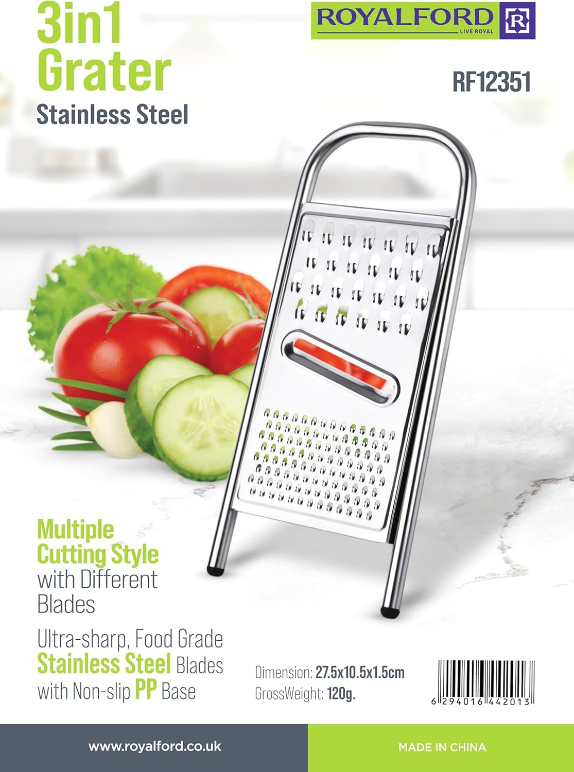 ROYALFORD 3 - in - 1 Stainless Steel Grater 27.5cm*10.8cm*1.5cm - RF12351 - Al Kabayel Discount CentreROYALFORD 3 - in - 1 Stainless Steel Grater 27.5cm*10.8cm*1.5cm - RF12351Cookware AccessoriesROYALFORDAl Kabayel Discount Centre
