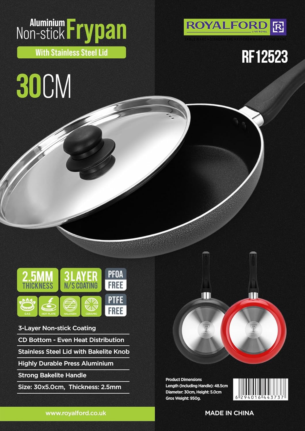 Royalford 30cm Aluminum Nonstick Frypan with Stainless Steel Lid RF12523 Strong Body with 3 Layer Coating and Heat Resistant Bakelite Handle Perfect for Frying, Sauting, Tempering Red - Al Kabayel Discount CentreRoyalford 30cm Aluminum Nonstick Frypan with Stainless Steel Lid RF12523 Strong Body with 3 Layer Coating and Heat Resistant Bakelite Handle Perfect for Frying, Sauting, Tempering RedFrying Pans & SkilletsROYALFORDAl Kabayel Discount Centre