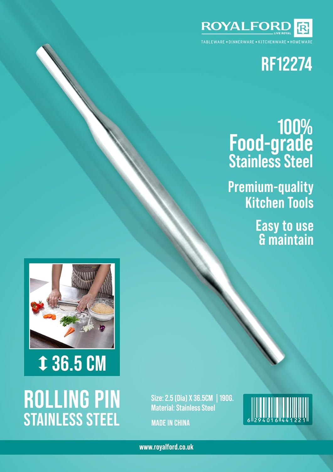 Royalford 36.5cm Stainless Steel Rolling Pin RF12274 Non - Stick for Flour Dough, Pastry Roller baking Tools 100% Food Grade Dishwasher Safe marks and Stains resistant - Al Kabayel Discount CentreRoyalford 36.5cm Stainless Steel Rolling Pin RF12274 Non - Stick for Flour Dough, Pastry Roller baking Tools 100% Food Grade Dishwasher Safe marks and Stains resistantKitchen Utensils & GadgetsROYALFORDAl Kabayel Discount Centre