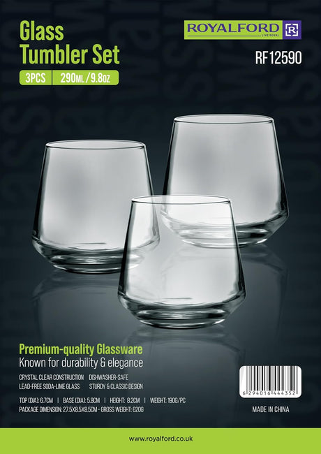 ROYALFORD 3pcs Glass Tumbler Set 290ml - RF12590 - Al Kabayel Discount CentreROYALFORD 3pcs Glass Tumbler Set 290ml - RF12590Drinkware SetsROYALFORDAl Kabayel Discount Centre