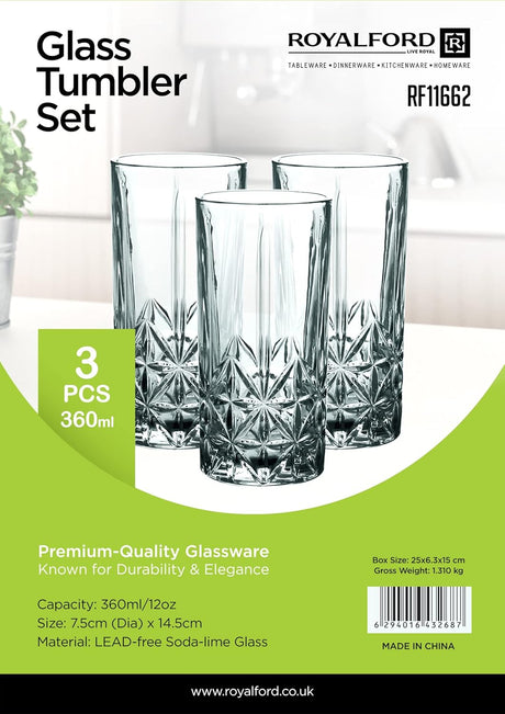 ROYALFORD 3pcs Glass Tumbler Set 360ml - Al Kabayel Discount CentreROYALFORD 3pcs Glass Tumbler Set 360mlDrinkware SetsROYALFORDAl Kabayel Discount Centre
