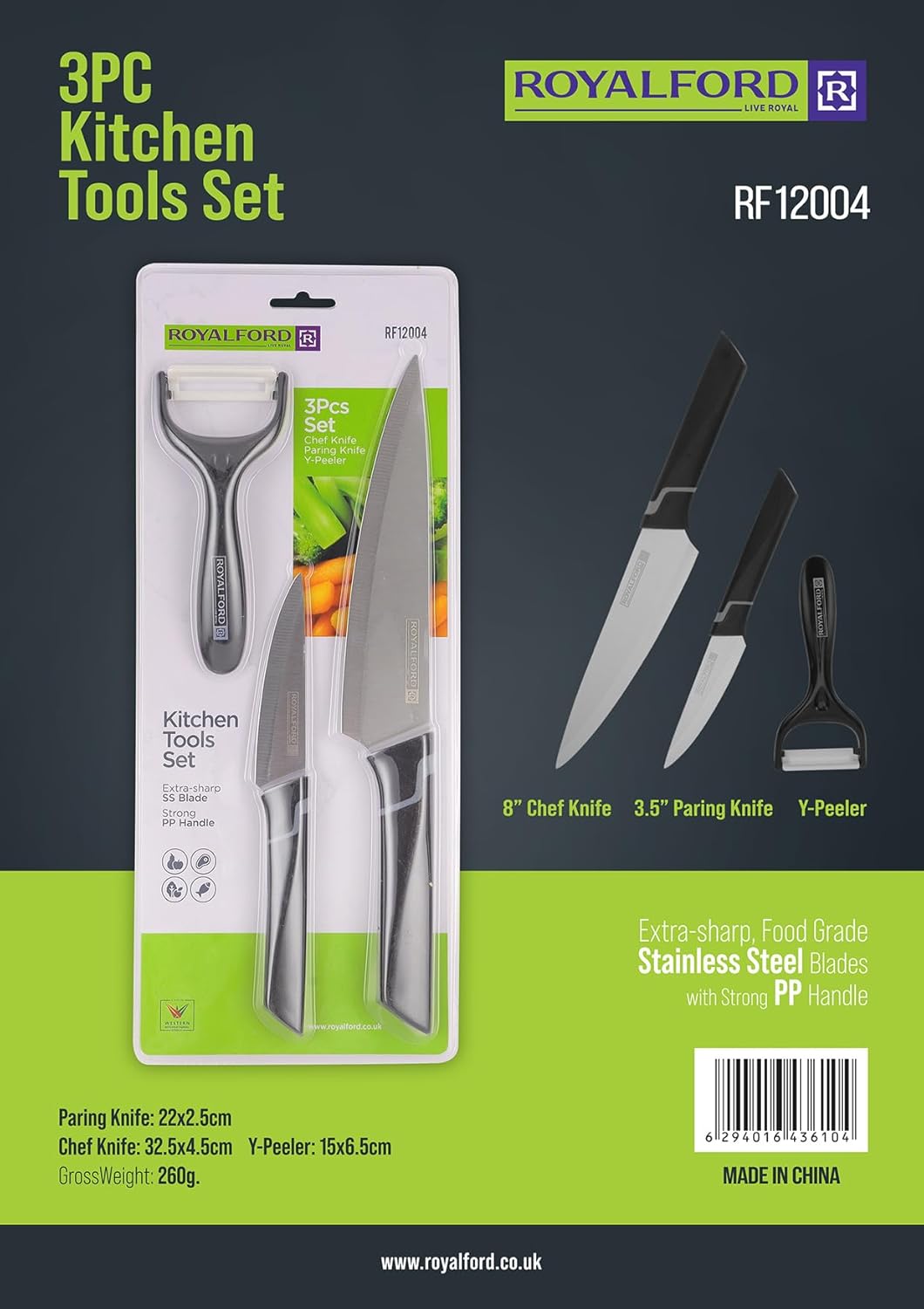 Royalford 3pcs Kitchen Tools Set RF12004 - 8" Chef Knife with 3.5" Paring knife and Y Peeler Kitchen Set - Al Kabayel Discount CentreRoyalford 3pcs Kitchen Tools Set RF12004 - 8" Chef Knife with 3.5" Paring knife and Y Peeler Kitchen SetKitchen Utensils & GadgetsROYALFORDAl Kabayel Discount Centre