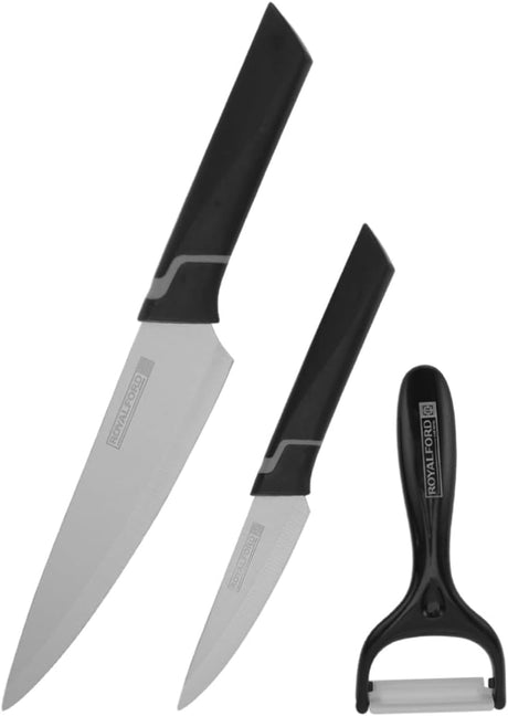 Royalford 3pcs Kitchen Tools Set RF12004 - 8" Chef Knife with 3.5" Paring knife and Y Peeler Kitchen Set - Al Kabayel Discount CentreRoyalford 3pcs Kitchen Tools Set RF12004 - 8" Chef Knife with 3.5" Paring knife and Y Peeler Kitchen SetKitchen Utensils & GadgetsROYALFORDAl Kabayel Discount Centre