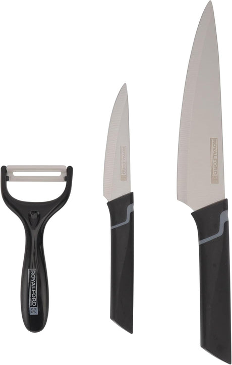Royalford 3pcs Kitchen Tools Set RF12004 - 8" Chef Knife with 3.5" Paring knife and Y Peeler Kitchen Set - Al Kabayel Discount CentreRoyalford 3pcs Kitchen Tools Set RF12004 - 8" Chef Knife with 3.5" Paring knife and Y Peeler Kitchen SetKitchen Utensils & GadgetsROYALFORDAl Kabayel Discount Centre