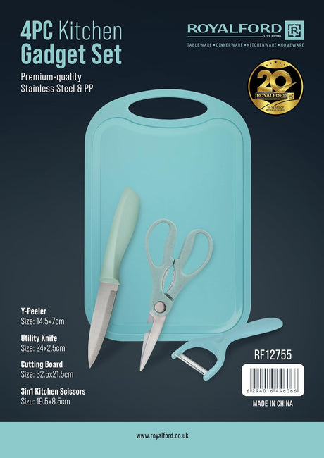 Royalford 4pcs Kitchen Gadget Set, Includes Knife - Peeler - 3in1 Kitchen Scissors - Cutting Board, Cyan, RF12755 - Al Kabayel Discount CentreRoyalford 4pcs Kitchen Gadget Set, Includes Knife - Peeler - 3in1 Kitchen Scissors - Cutting Board, Cyan, RF12755Cookware AccessoriesROYALFORDAl Kabayel Discount Centre