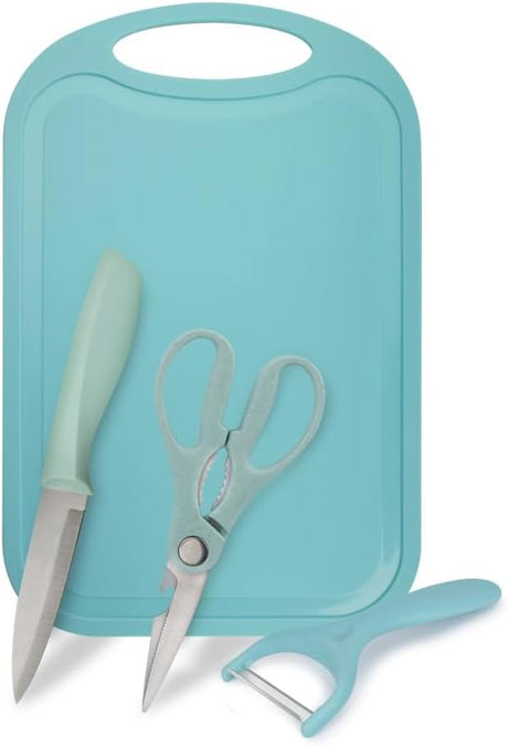 Royalford 4pcs Kitchen Gadget Set, Includes Knife - Peeler - 3in1 Kitchen Scissors - Cutting Board, Cyan, RF12755 - Al Kabayel Discount CentreRoyalford 4pcs Kitchen Gadget Set, Includes Knife - Peeler - 3in1 Kitchen Scissors - Cutting Board, Cyan, RF12755Cookware AccessoriesROYALFORDAl Kabayel Discount Centre