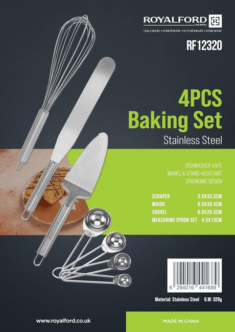 ROYALFORD 4pcs Stainless Steel Baking Set(Scrapper 3.5cm*33.5cm, Whisk 6.5cm*30.5cm, Shovel 6.0cm*26.5cm, Measuring Spoon Set 4.5cm*13cm) - RF12320 - Al Kabayel Discount CentreROYALFORD 4pcs Stainless Steel Baking Set(Scrapper 3.5cm*33.5cm, Whisk 6.5cm*30.5cm, Shovel 6.0cm*26.5cm, Measuring Spoon Set 4.5cm*13cm) - RF12320Cookware AccessoriesROYALFORDAl Kabayel Discount Centre