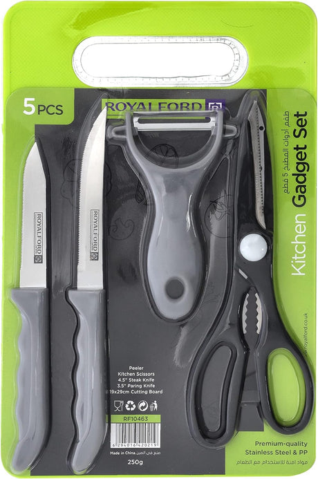 RoyalFord 5Pcs Kitchen Gadget Set, Elegant & Multifunctional, RF10463 Stainless Steel & PP Set Includes Vegetable Peeler, Food Scissor, Cutting Board, Knife for Kitchen, Office, & More, Multicolor - Al Kabayel Discount CentreRoyalFord 5Pcs Kitchen Gadget Set, Elegant & Multifunctional, RF10463 Stainless Steel & PP Set Includes Vegetable Peeler, Food Scissor, Cutting Board, Knife for Kitchen, Office, & More, MulticolorKitchen Utensils & GadgetsROYALFORDAl Kabayel Discount Centre
