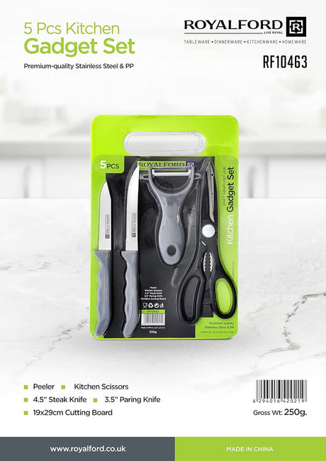 RoyalFord 5Pcs Kitchen Gadget Set, Elegant & Multifunctional, RF10463 Stainless Steel & PP Set Includes Vegetable Peeler, Food Scissor, Cutting Board, Knife for Kitchen, Office, & More, Multicolor - Al Kabayel Discount CentreRoyalFord 5Pcs Kitchen Gadget Set, Elegant & Multifunctional, RF10463 Stainless Steel & PP Set Includes Vegetable Peeler, Food Scissor, Cutting Board, Knife for Kitchen, Office, & More, MulticolorKitchen Utensils & GadgetsROYALFORDAl Kabayel Discount Centre