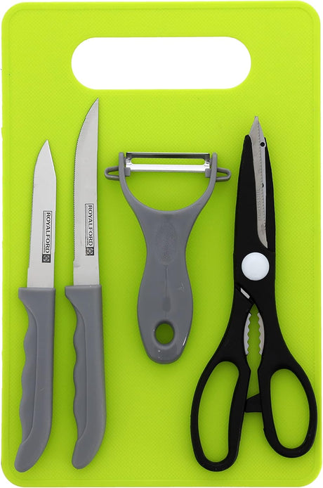 RoyalFord 5Pcs Kitchen Gadget Set, Elegant & Multifunctional, RF10463 Stainless Steel & PP Set Includes Vegetable Peeler, Food Scissor, Cutting Board, Knife for Kitchen, Office, & More, Multicolor - Al Kabayel Discount CentreRoyalFord 5Pcs Kitchen Gadget Set, Elegant & Multifunctional, RF10463 Stainless Steel & PP Set Includes Vegetable Peeler, Food Scissor, Cutting Board, Knife for Kitchen, Office, & More, MulticolorKitchen Utensils & GadgetsROYALFORDAl Kabayel Discount Centre
