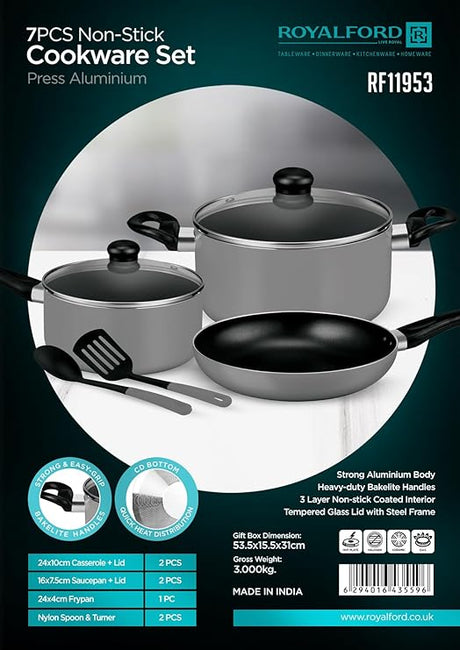 Royalford 7 - Piece Non - Stick Press Aluminum Cookware Set - Body With 3 - Layer Coating, Includes Casserole Silver RF11953\ - Al Kabayel Dicount CenterRoyalford 7 - Piece Non - Stick Press Aluminum Cookware Set - Body With 3 - Layer Coating, Includes Casserole Silver RF11953\Cookware SetRoyalfordAl Kabayel Dicount Center