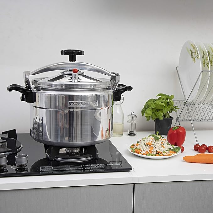 Royalford Aluminium Pressure Cooker – Lightweight & Durable Home Kitchen Pressure Cooker with Lid, Multi - Safety Device with Cool Touch Handles and Safety Valves – for Gas and Solid Hotplates (15L) - Al Kabayel Discount CentreRoyalford Aluminium Pressure Cooker – Lightweight & Durable Home Kitchen Pressure Cooker with Lid, Multi - Safety Device with Cool Touch Handles and Safety Valves – for Gas and Solid Hotplates (15L)Pressure CookersROYALFORDAl Kabayel Discount Centre