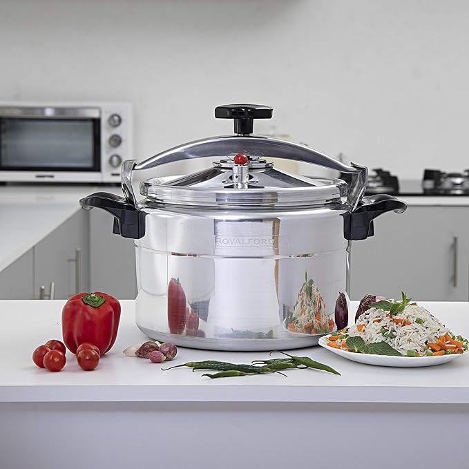 Royalford Aluminium Pressure Cooker – Lightweight & Durable Home Kitchen Pressure Cooker with Lid, Multi - Safety Device with Cool Touch Handles and Safety Valves – for Gas and Solid Hotplates (15L) - Al Kabayel Discount CentreRoyalford Aluminium Pressure Cooker – Lightweight & Durable Home Kitchen Pressure Cooker with Lid, Multi - Safety Device with Cool Touch Handles and Safety Valves – for Gas and Solid Hotplates (15L)Pressure CookersROYALFORDAl Kabayel Discount Centre