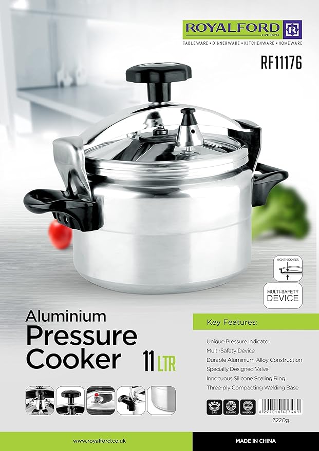 Royalford Aluminum Pressure Cooker - Equipped with Multi - Safety Device and Unique Indicator Durable Alloy Construction Firm Handles Compatible Gas Silver 11L, RF11176 - Al Kabayel Discount CentreRoyalford Aluminum Pressure Cooker - Equipped with Multi - Safety Device and Unique Indicator Durable Alloy Construction Firm Handles Compatible Gas Silver 11L, RF11176Pressure CookersROYALFORDAl Kabayel Discount Centre