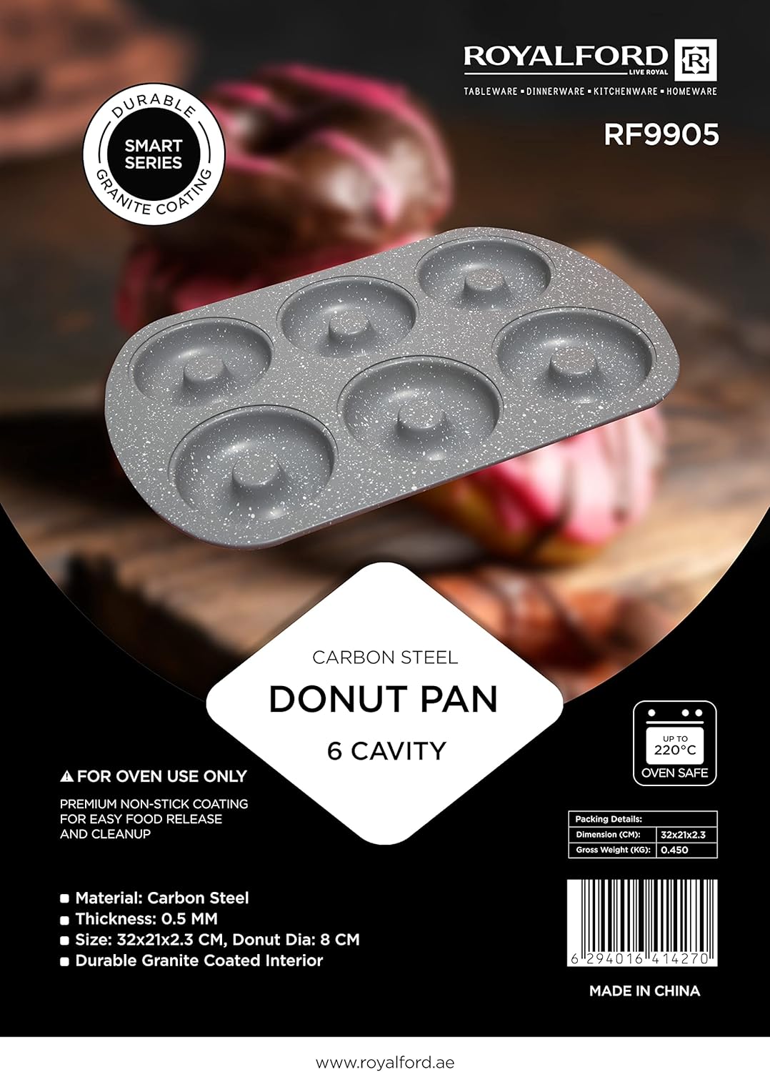 Royalford Carbon Steel 6 - Cavity Donut Pan 32cm*21cm*2.3cm, 8cm Donut Dia, Granite Coated Interior, RF9905 - Al Kabayel Discount CentreRoyalford Carbon Steel 6 - Cavity Donut Pan 32cm*21cm*2.3cm, 8cm Donut Dia, Granite Coated Interior, RF9905Frying Pans & SkilletsROYALFORDAl Kabayel Discount Centre