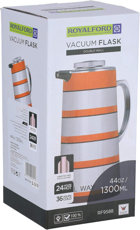 Royalford Double Wall Vaccum Flask 1300ml, Asbestos Free, Pink Glass inner, Strong & Durable Design, 24hr Hot - 36hr Cold - RF9588 - Al Kabayel Discount CentreRoyalford Double Wall Vaccum Flask 1300ml, Asbestos Free, Pink Glass inner, Strong & Durable Design, 24hr Hot - 36hr Cold - RF9588ThermosROYALFORDAl Kabayel Discount Centre