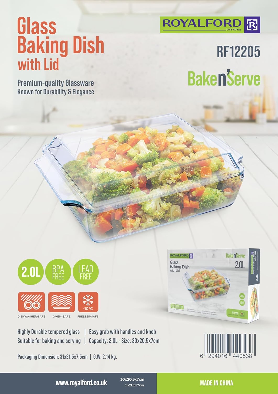 ROYALFORD Glass Baking Dish with Lid 2 Liter, 30cm*20.5cm*7cm Rectangular Shape - RF 12205 - Al Kabayel Discount CentreROYALFORD Glass Baking Dish with Lid 2 Liter, 30cm*20.5cm*7cm Rectangular Shape - RF 12205Food ContainersROYALFORDAl Kabayel Discount Centre