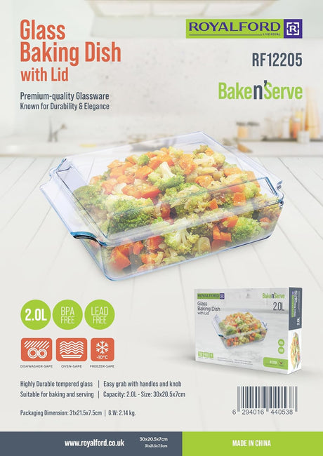 ROYALFORD Glass Baking Dish with Lid 2 Liter, 30cm*20.5cm*7cm Rectangular Shape - RF 12205 - Al Kabayel Discount CentreROYALFORD Glass Baking Dish with Lid 2 Liter, 30cm*20.5cm*7cm Rectangular Shape - RF 12205Food ContainersROYALFORDAl Kabayel Discount Centre