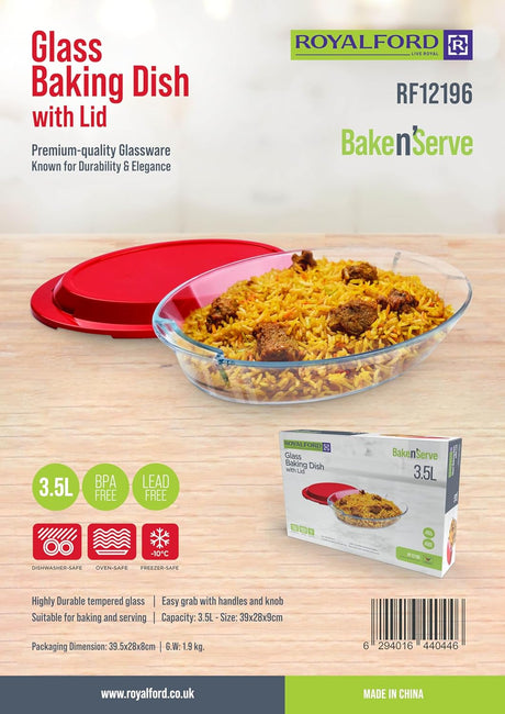 ROYALFORD Glass Baking Dish with Lid 3.5 Liter, 39cm*28cm*9cm Oval Shape - RF 12196 - Al Kabayel Discount CentreROYALFORD Glass Baking Dish with Lid 3.5 Liter, 39cm*28cm*9cm Oval Shape - RF 12196Food ContainersROYALFORDAl Kabayel Discount Centre