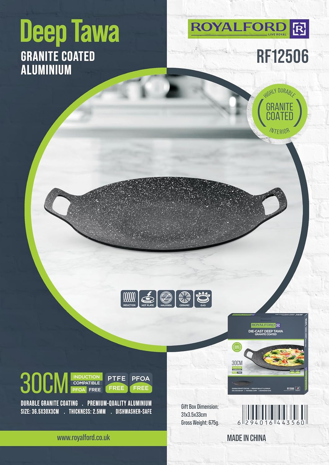 Royalford Granite Coated Aluminium Deep Tawa 30cm, Induction Campatible, RF12506 - Al Kabayel Discount CentreRoyalford Granite Coated Aluminium Deep Tawa 30cm, Induction Campatible, RF12506Frying Pans & SkilletsROYALFORDAl Kabayel Discount Centre
