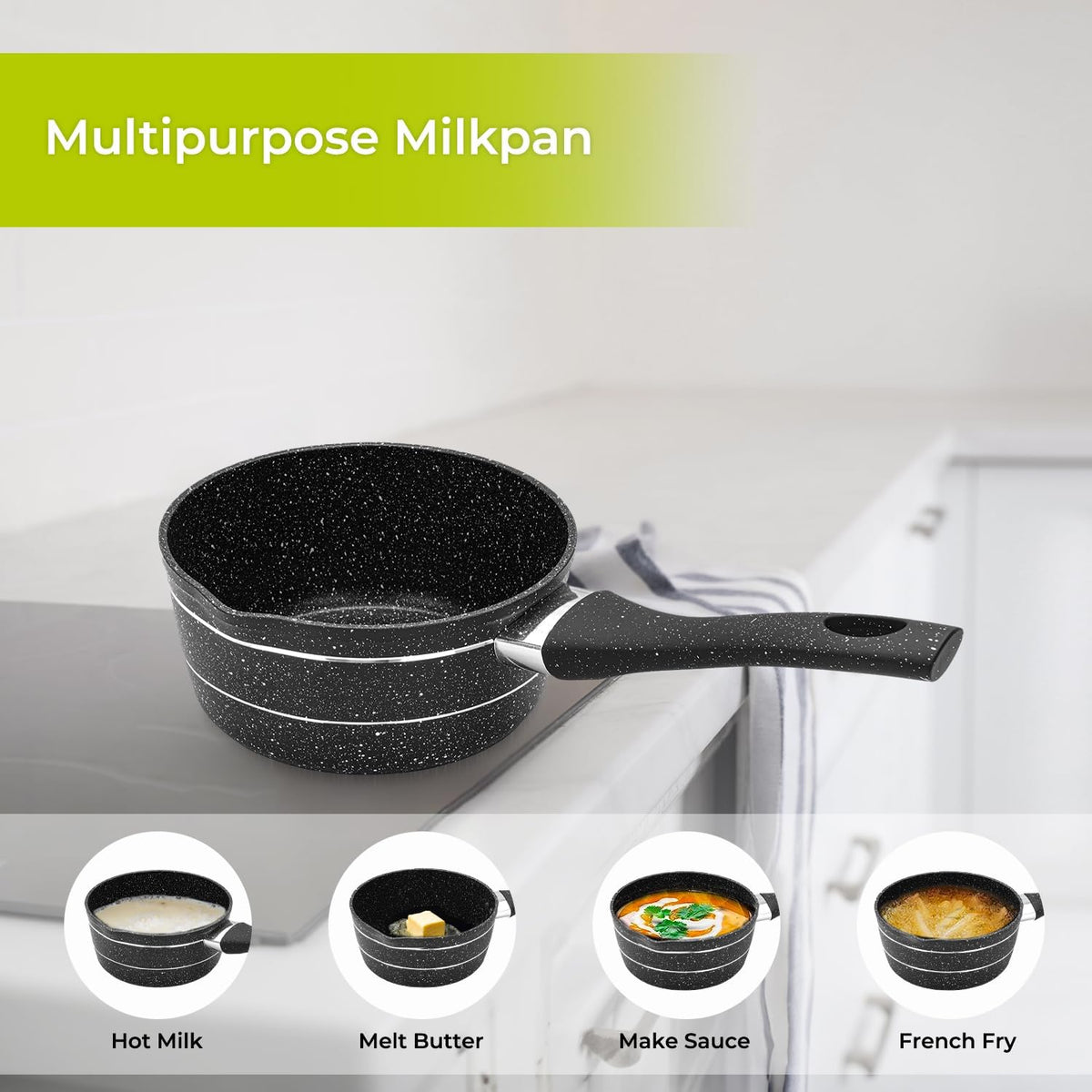 Royalford Milk Pan, 14cm RF11832 Small Multipurpose Saucepan - Non - Stick Granite Coating Soup Pot Milk Pan, Easy to Clean, Induction Sauce Pot with Pour Spout, Black - Al Kabayel Discount CentreRoyalford Milk Pan, 14cm RF11832 Small Multipurpose Saucepan - Non - Stick Granite Coating Soup Pot Milk Pan, Easy to Clean, Induction Sauce Pot with Pour Spout, BlackFrying Pans & SkilletsROYALFORDAl Kabayel Discount Centre