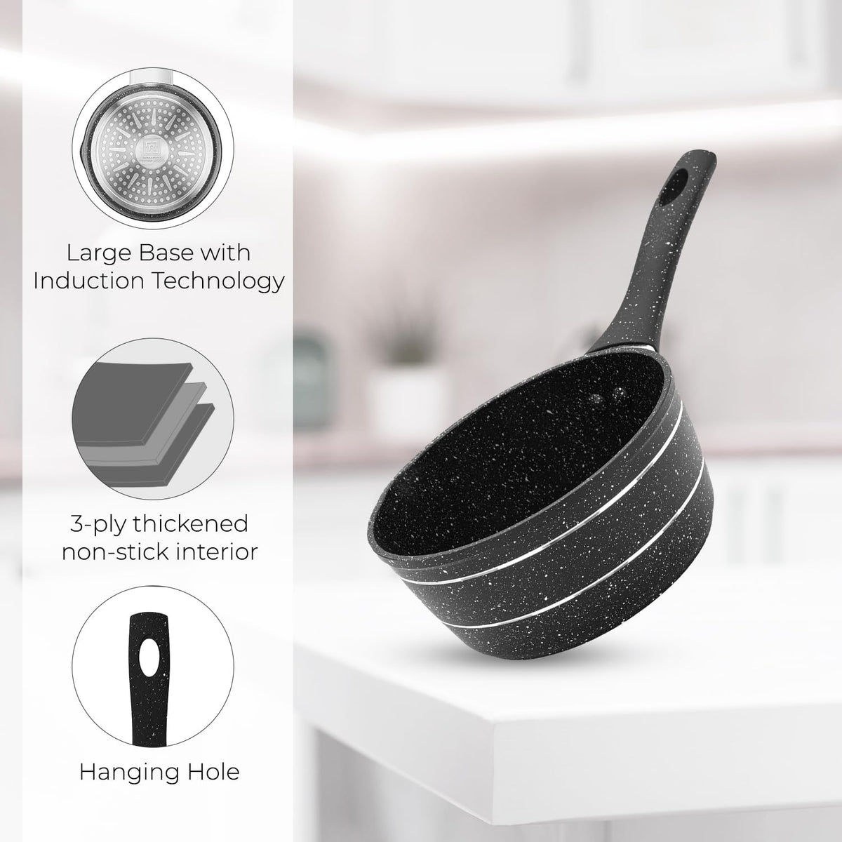 Royalford Milk Pan, 14cm RF11832 Small Multipurpose Saucepan - Non - Stick Granite Coating Soup Pot Milk Pan, Easy to Clean, Induction Sauce Pot with Pour Spout, Black - Al Kabayel Discount CentreRoyalford Milk Pan, 14cm RF11832 Small Multipurpose Saucepan - Non - Stick Granite Coating Soup Pot Milk Pan, Easy to Clean, Induction Sauce Pot with Pour Spout, BlackFrying Pans & SkilletsROYALFORDAl Kabayel Discount Centre