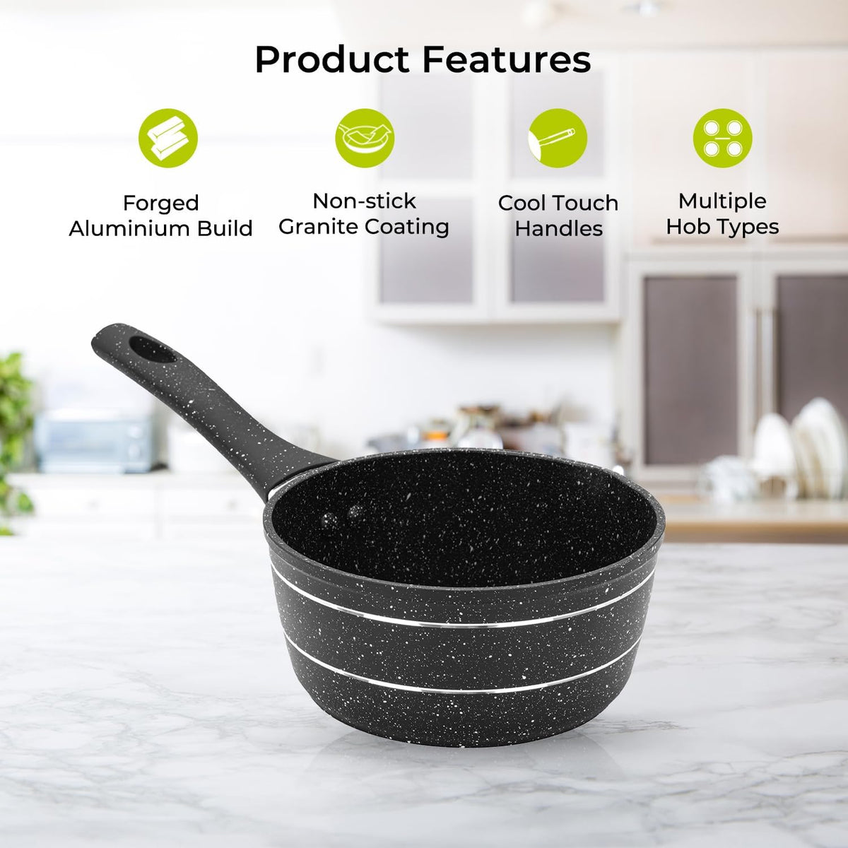 Royalford Milk Pan, 14cm RF11832 Small Multipurpose Saucepan - Non - Stick Granite Coating Soup Pot Milk Pan, Easy to Clean, Induction Sauce Pot with Pour Spout, Black - Al Kabayel Discount CentreRoyalford Milk Pan, 14cm RF11832 Small Multipurpose Saucepan - Non - Stick Granite Coating Soup Pot Milk Pan, Easy to Clean, Induction Sauce Pot with Pour Spout, BlackFrying Pans & SkilletsROYALFORDAl Kabayel Discount Centre